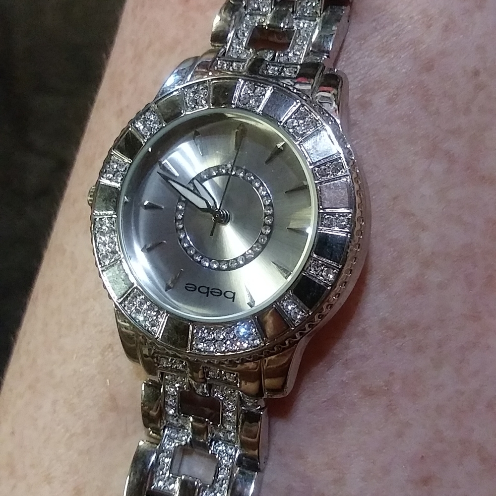 Bebe Rhinestone & Stainless Steel Sparkly Watch For Small Wrist W/Extra Links - Picture 11 of 14